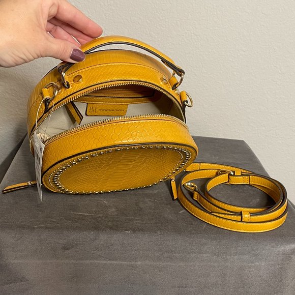 INC International Concepts Yellow Leather Round Box Purse with Adjustable Strap - Picture 6 of 9